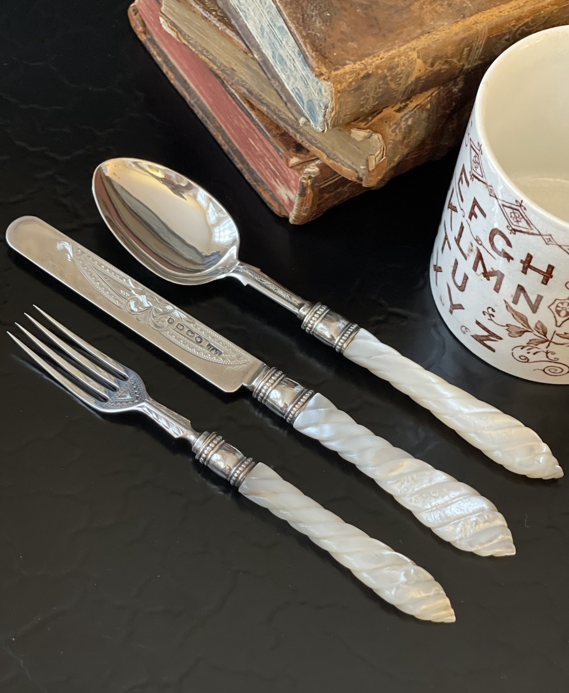 Rare 19C English Sterling Silver Mother Pearl Fork Knife Spoon Child Trio c1873