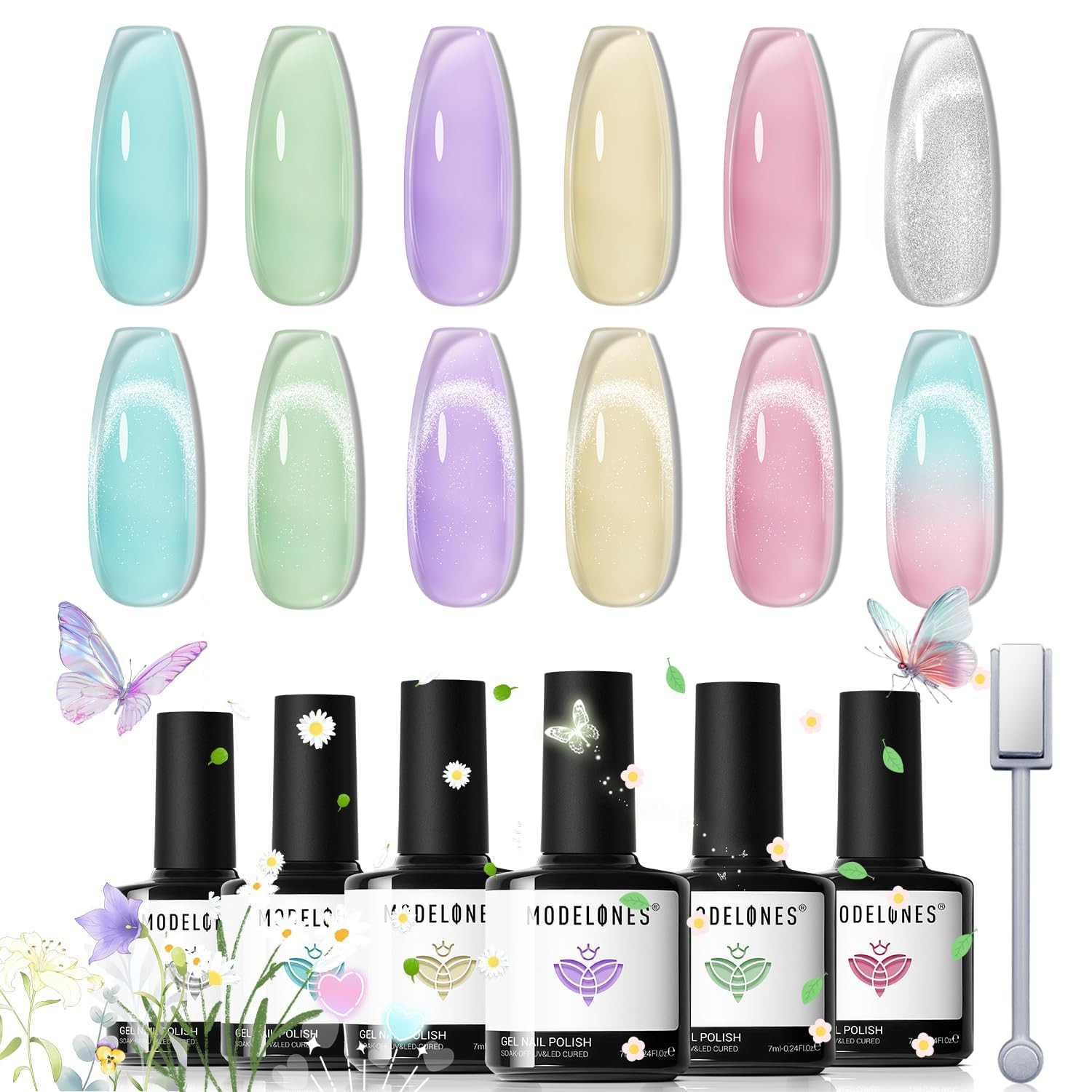 Modelones Gel Nail Polish Set with Magnet, 6 Colors Summer Silver Cat Eye Gel Po Modelones Gel Nail Polish Set with Magnet, 6 Colors Summer Silver Cat Eye Gel Po