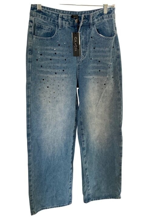 Gracia Fashion Corp Jean Blue Denim Wide Leg Rhinestones Small NWT Gracia Fashion Corp Jean Blue Denim Wide Leg Rhinestones Small NWT