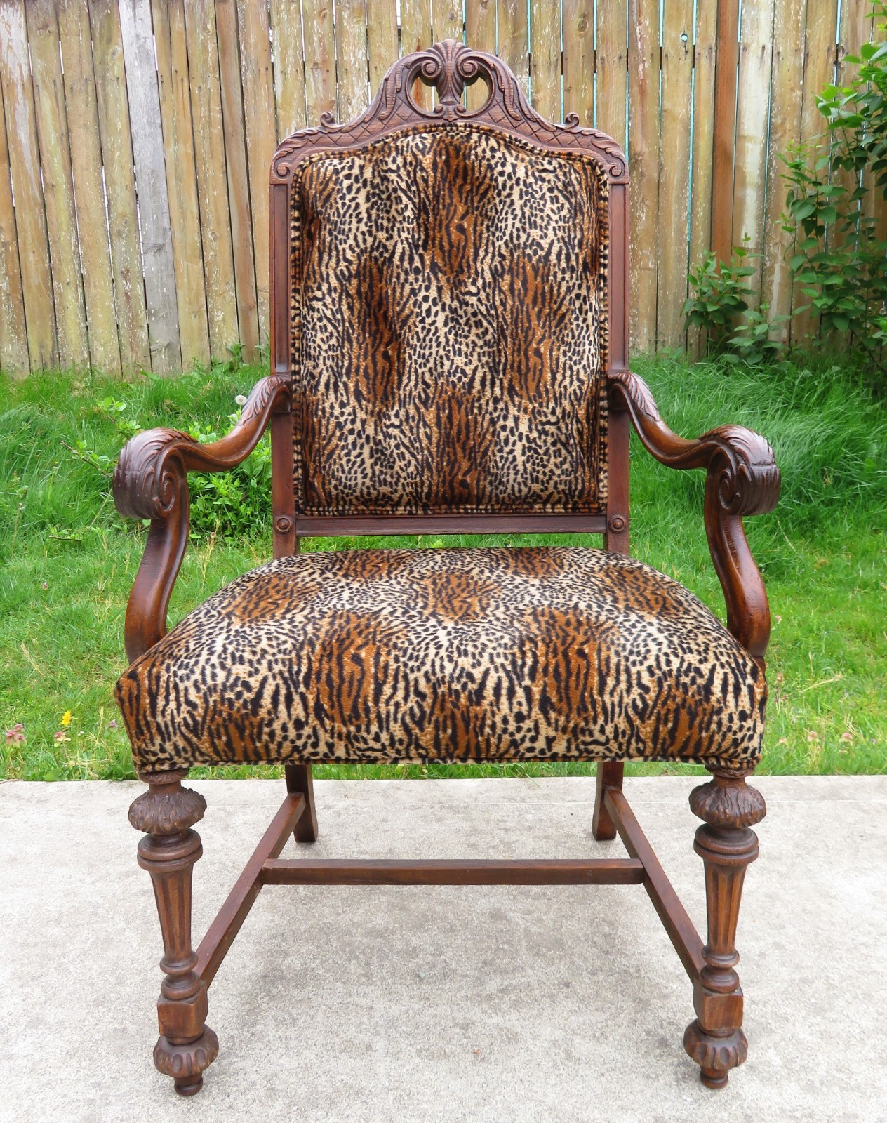 ANTIQUE Jacobean SPANISH REVIVAL SIDE THRONE ARM CHAIR Tiger LEOPARD Upholstery