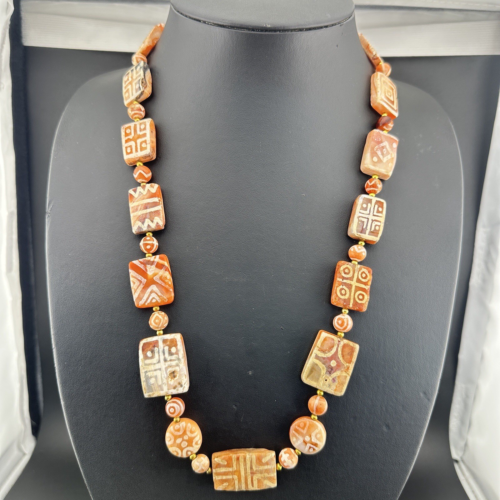 Vintage Etched Carnelian Agate Beads Necklace Rare Vintage Etched Carnelian Agate Beads Necklace Rare