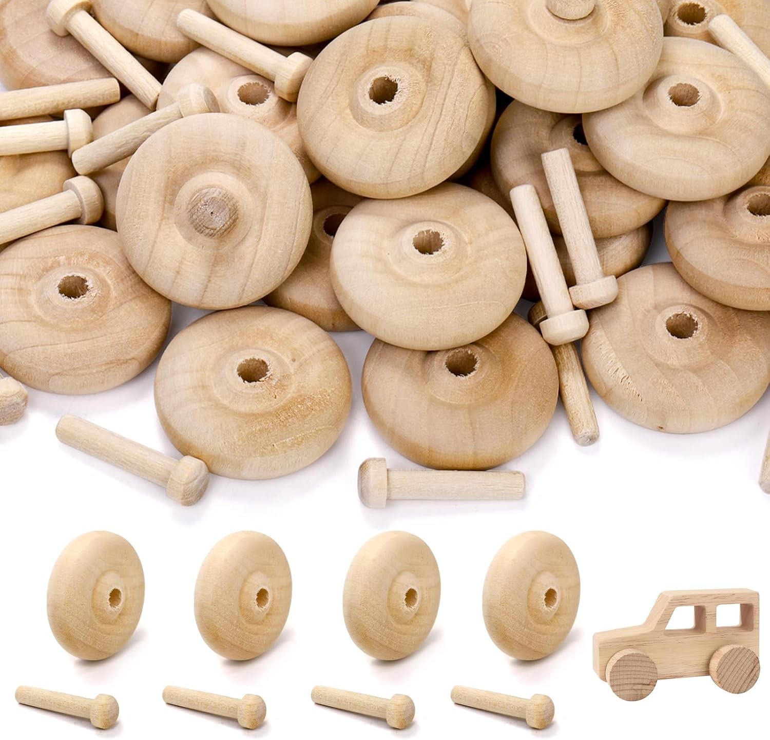 72 Pack Wooden Toy Car Wheels and Sticks for Craft 1.5\'\' x 1/2\'\' Axle Set 72 Pack Wooden Toy Car Wheels and Sticks for Craft 1.5\'\' x 1/2\'\' Axle Set