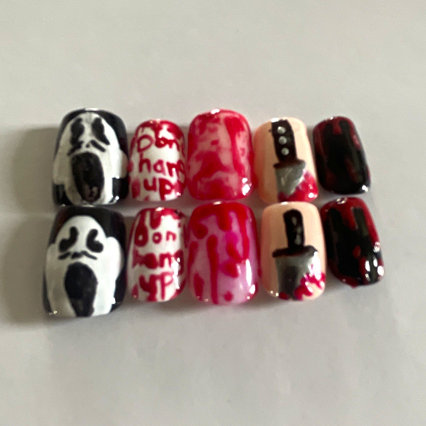 Halloween Press-On Nails Short Square Red Black White Glossy Pre-Designed Set