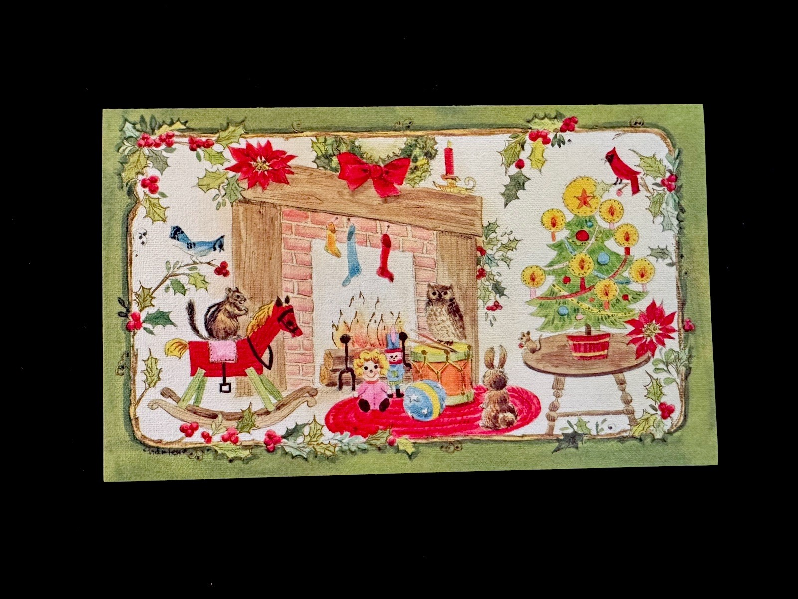 1 Norcross VTG Xmas Greeting Card All gathered by Crackling Fireplace Doll, Owl