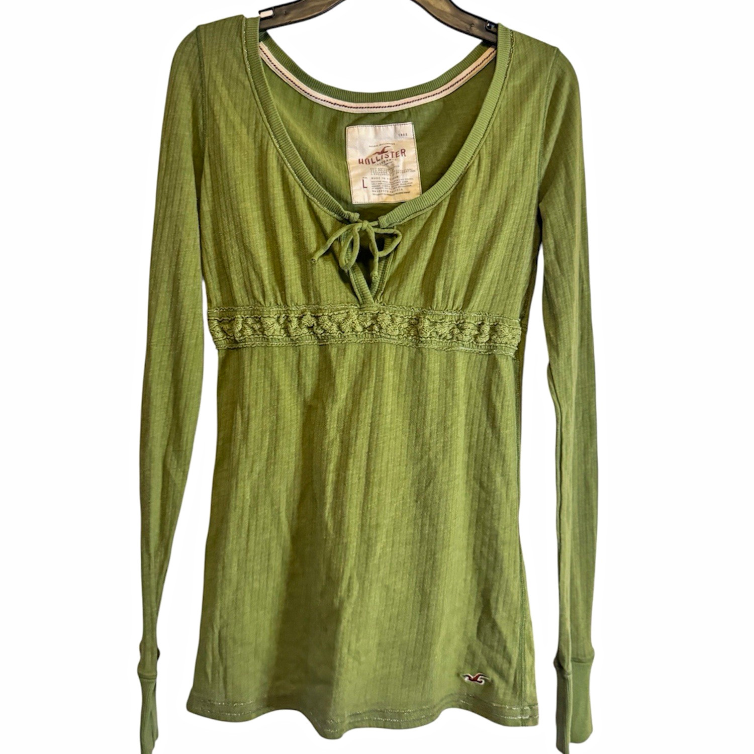 Hollister Y2K Top Green Long Sleeve Babydoll Scoop Neck Tie Front Knit Cotton L