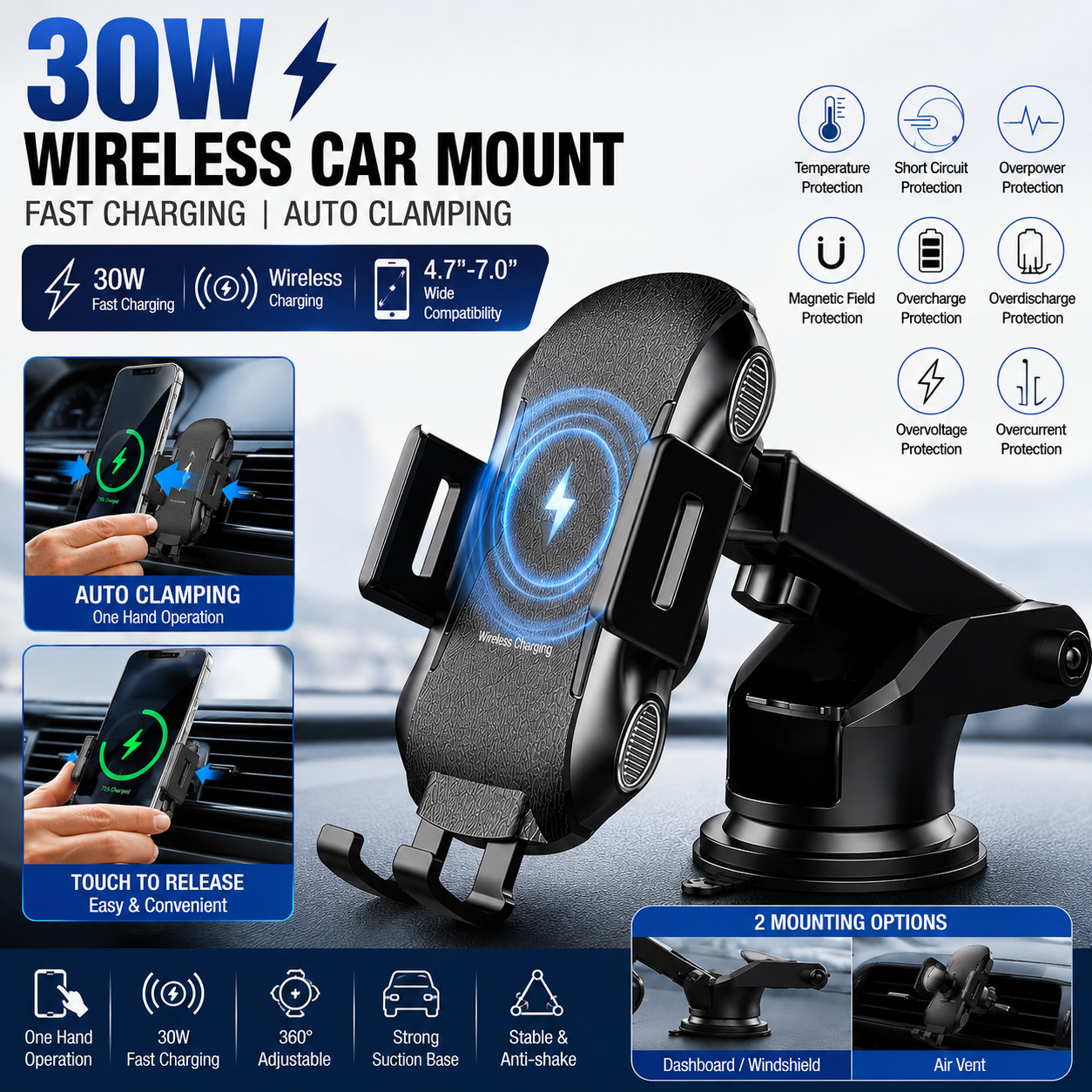 30W Wireless Charger Fast Charging Automatic Clamping Car Mount Phone Holder US 30W Wireless Charger Fast Charging Automatic Clamping Car Mount Phone Holder US
