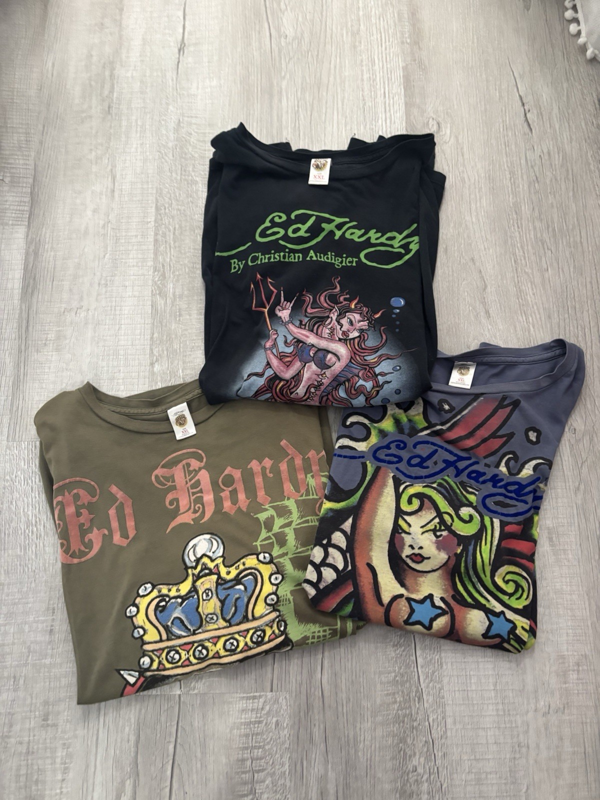 RARE Vtg Ed Hardy Mermaid All Over Print T-Shirt 3Pc Bundle Lot Shirt XXL RARE Vtg Ed Hardy Mermaid All Over Print T-Shirt 3Pc Bundle Lot Shirt XXL