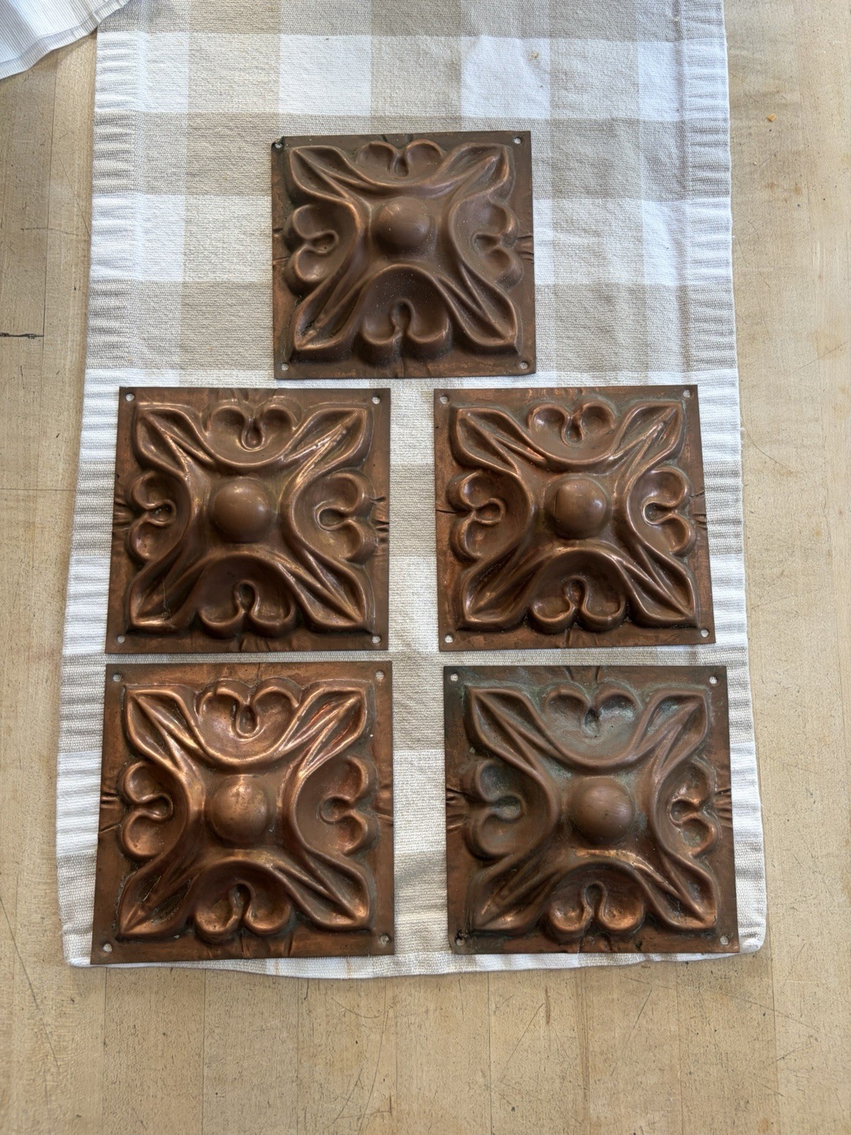 Art Nouveau Copper Tile Floral Motif Pediment Plaque, Sconce, 5” Square Set/5 Art Nouveau Copper Tile Floral Motif Pediment Plaque, Sconce, 5” Square Set/5