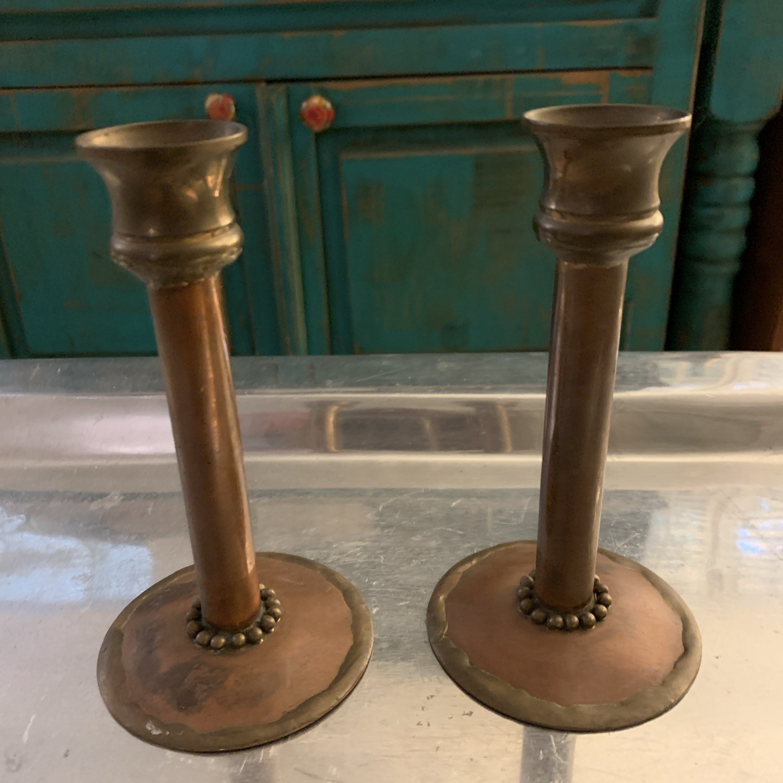 Mission Style Hand Hammered Antique Early American Copper & Brass Candle Holder Mission Style Hand Hammered Antique Early American Copper & Brass Candle Holder