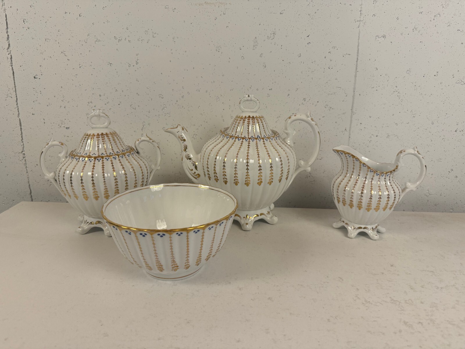 Antique Likely English Porcelain 4 Piece Tea Set w/ Blue Dots & Gold Decoration