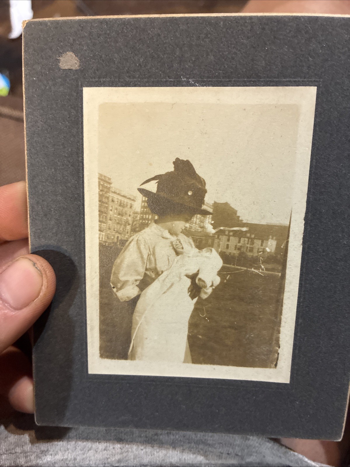 Antique 1910s Photo Woman & Baby Edwardian Large Picture Hat City Background Art Antique 1910s Photo Woman & Baby Edwardian Large Picture Hat City Background Art