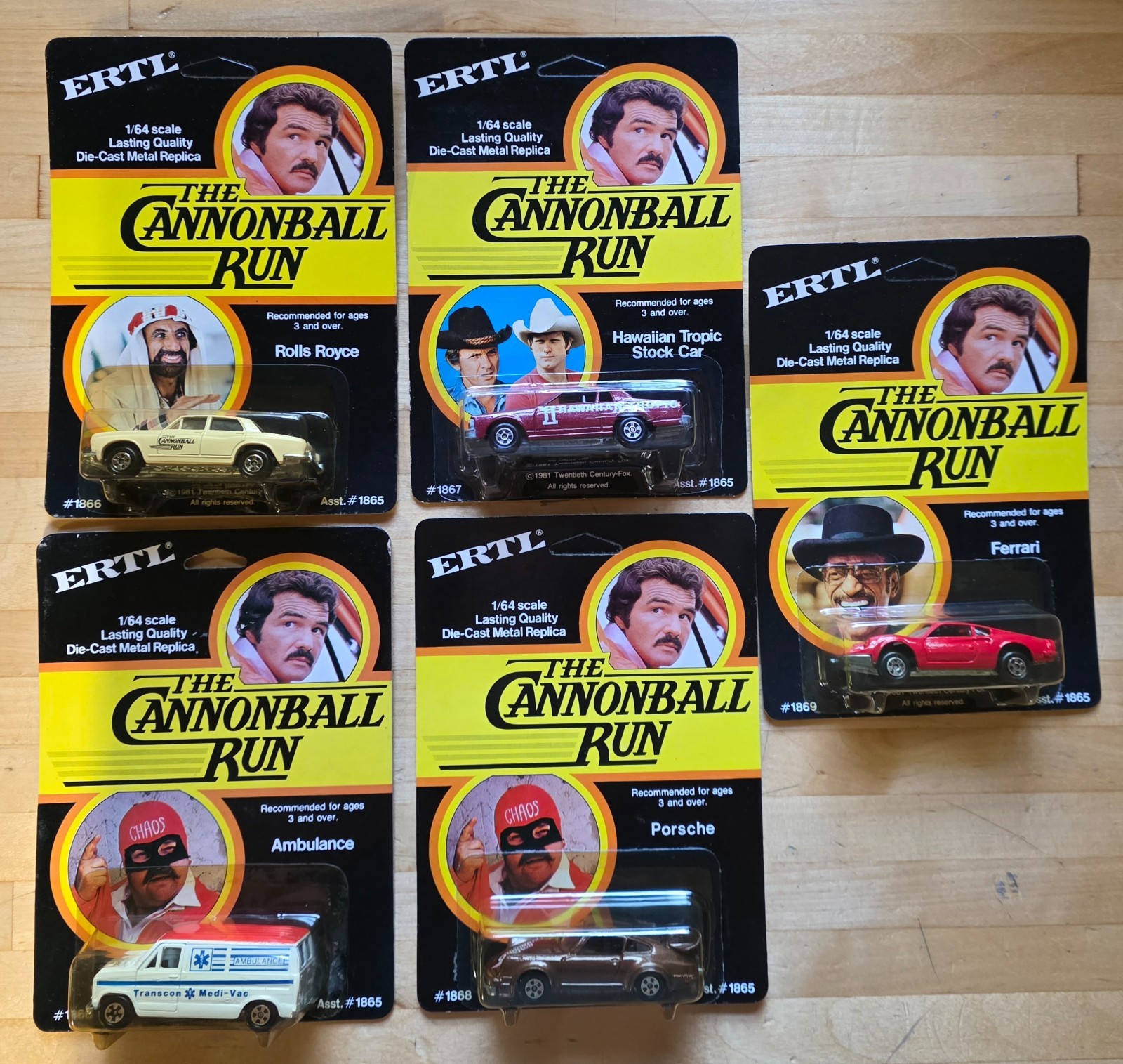 ERTL ca. 1981 The Cannon Ball Run #1865, 5 car set, #1866, #1867, #1868-2, #1869