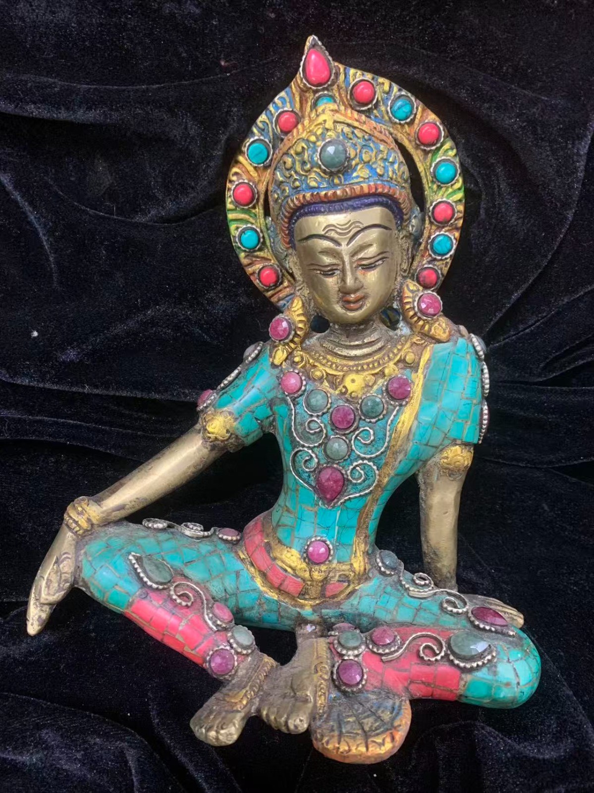 Large Tibetan Brass Hand Made *Bodhisattva* Statue Inlaid Semi-Precious Stones