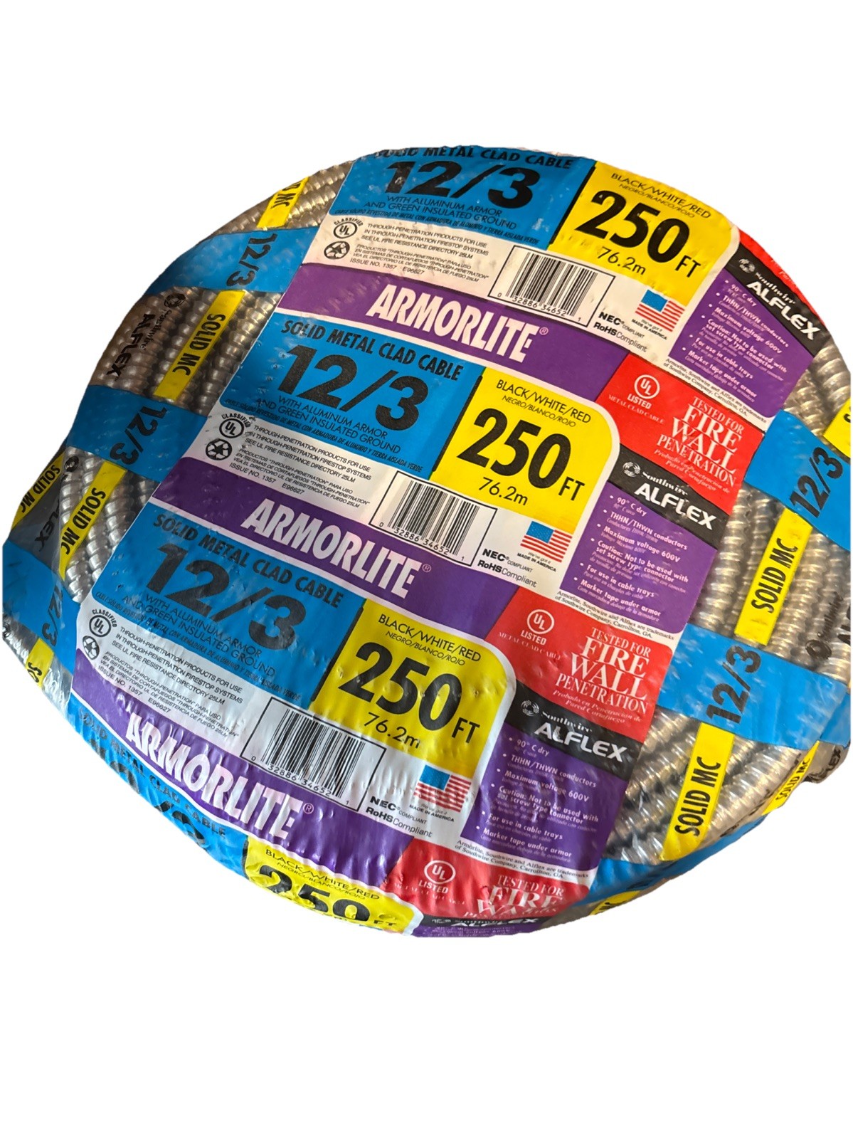 ARMORLITE 12/3 X 250ft CU MC : Metal Clad Armored Cable Black White Red ARMORLITE 12/3 X 250ft CU MC : Metal Clad Armored Cable Black White Red