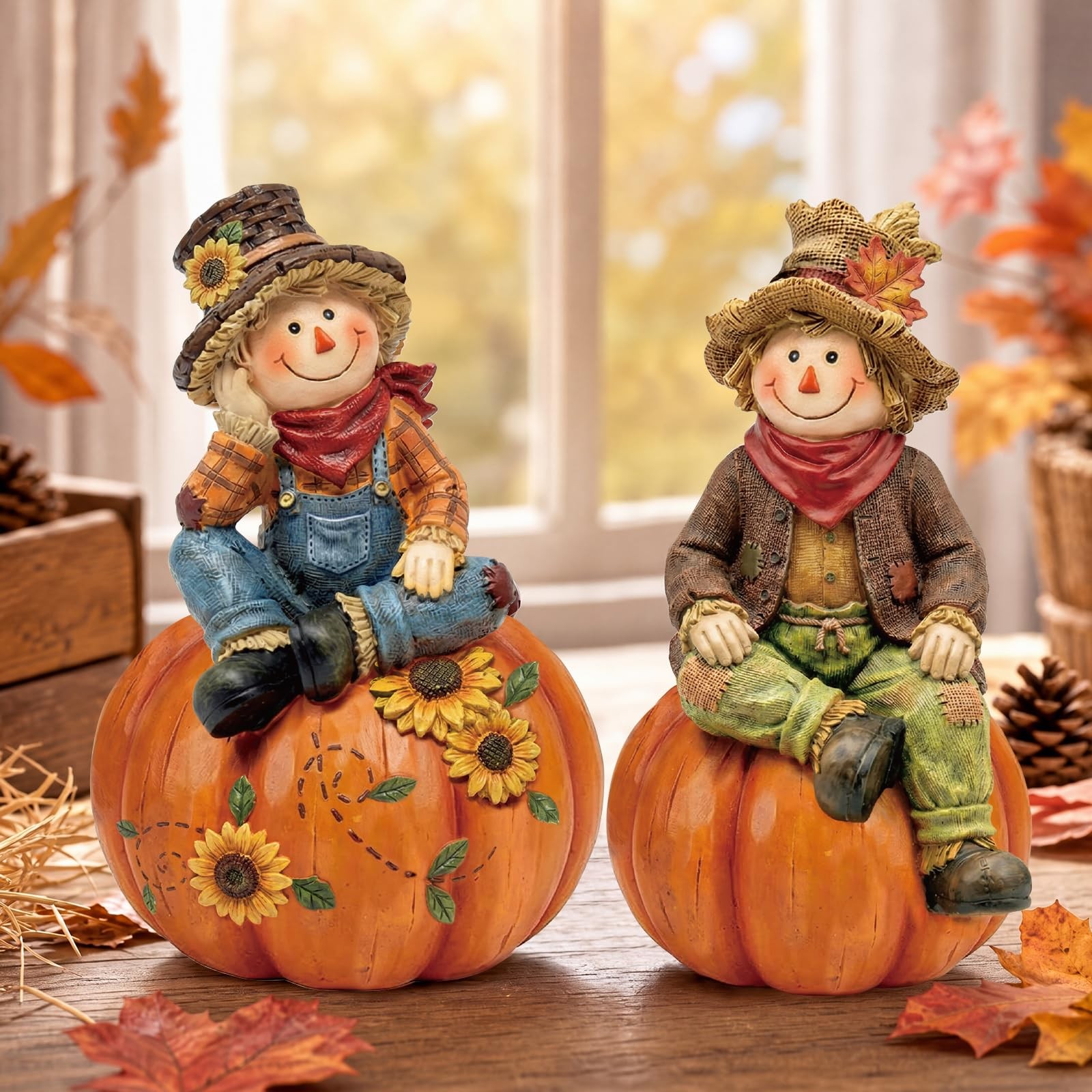 2 Pcs Fall Scarecrows Figurines Wooden Thanksgiving Table Decor