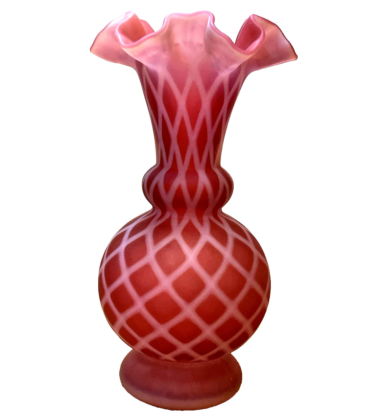 Vintage Fenton Cranberry Opalescent Satin Glass Vase Diamond Optic Ruffle Vintage Fenton Cranberry Opalescent Satin Glass Vase Diamond Optic Ruffle
