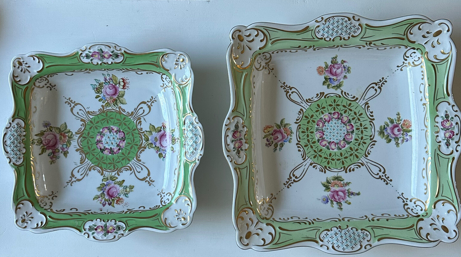 Vintage HOLLOHAZA  Hand Painted Porcelain 2 Large Square Bowl Platter Hungary