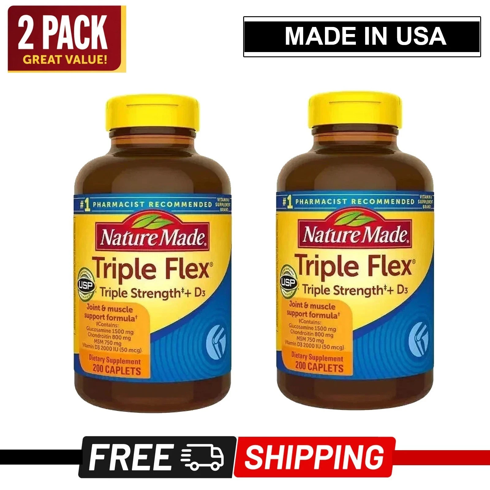 Twin pack Nature Made Triple Flex Triple Strength + D3, 200 Caplets EXP: 06/2027