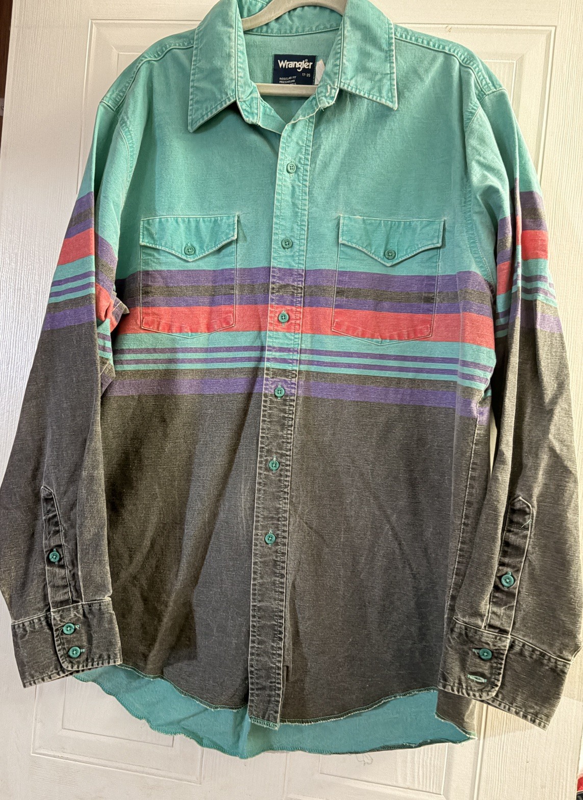 Vintage Wrangler Mens X-Long Tails Brushpopper Striped Western Shirt XL 17.5 USA Vintage Wrangler Mens X-Long Tails Brushpopper Striped Western Shirt XL 17.5 USA