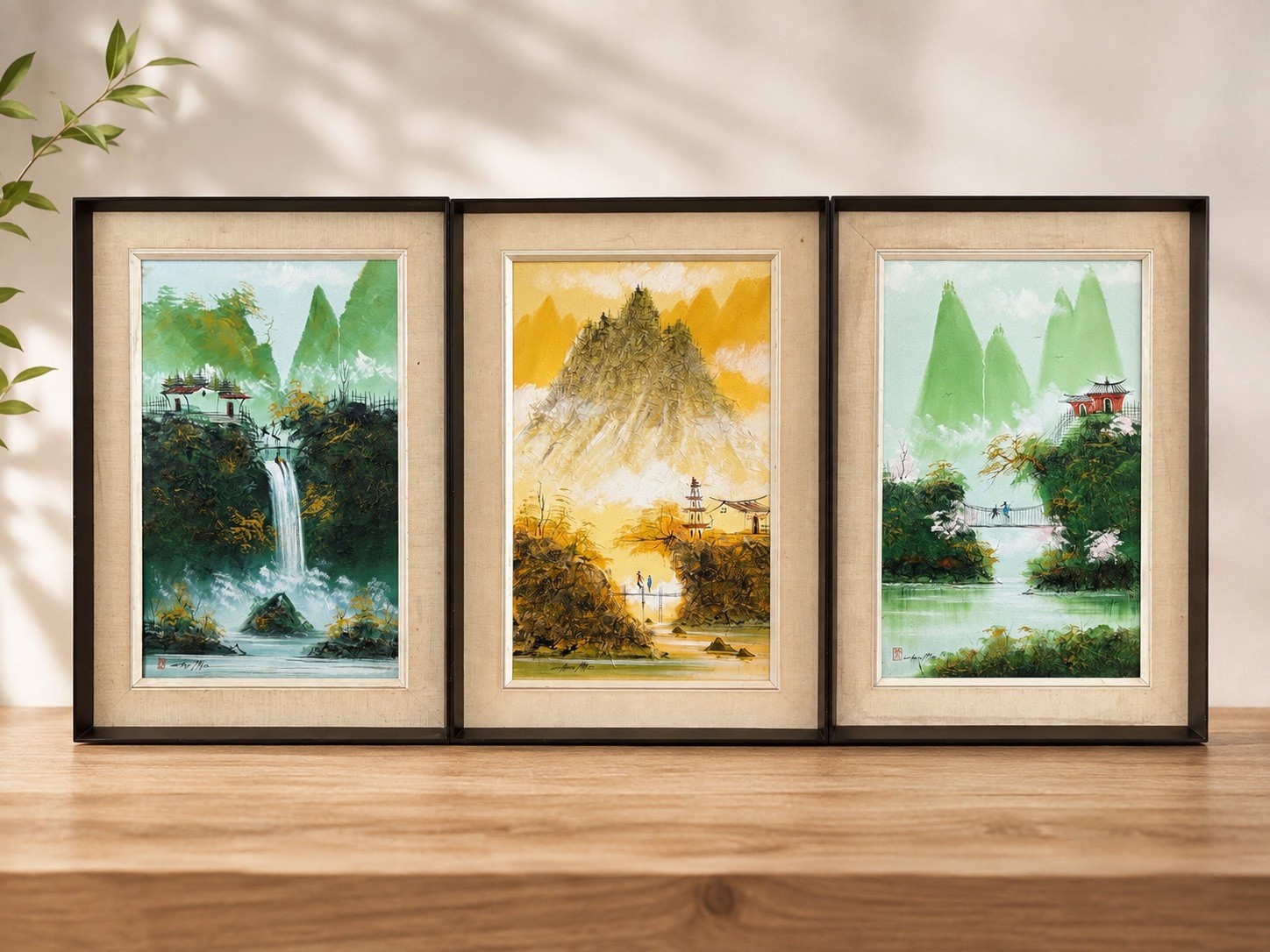 Vintage Chen Mao Horsehair Art Set of 3 Signed Asian Landscape Framed