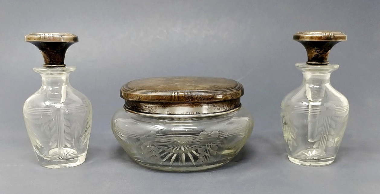 Antique Gorham Sterling Silver Etched Glass 3-Piece Vanity Set Circa 1910