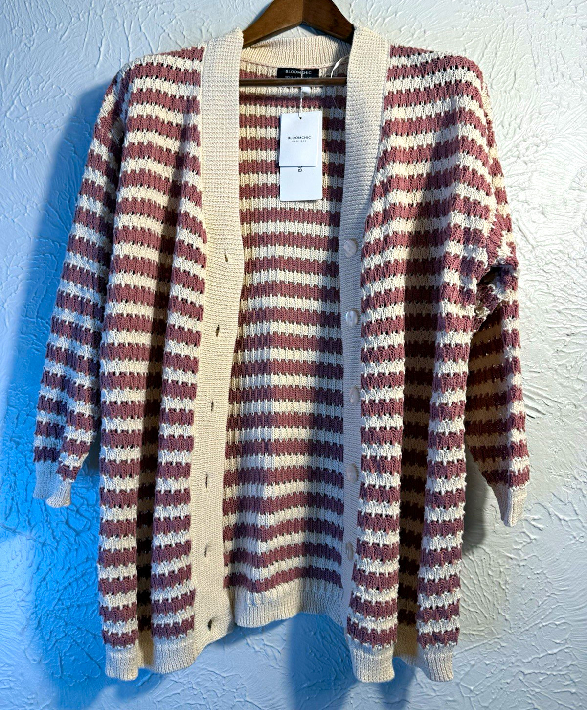 NWT BloomChic Striped Button Front Cardigan Pink Cream 1X  14 16 