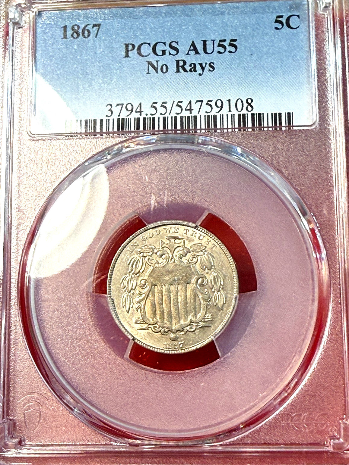 1867 No Rays Shield Nickel PCGS AU55 Beauty, New Slab Best Price Ebay* CHRC