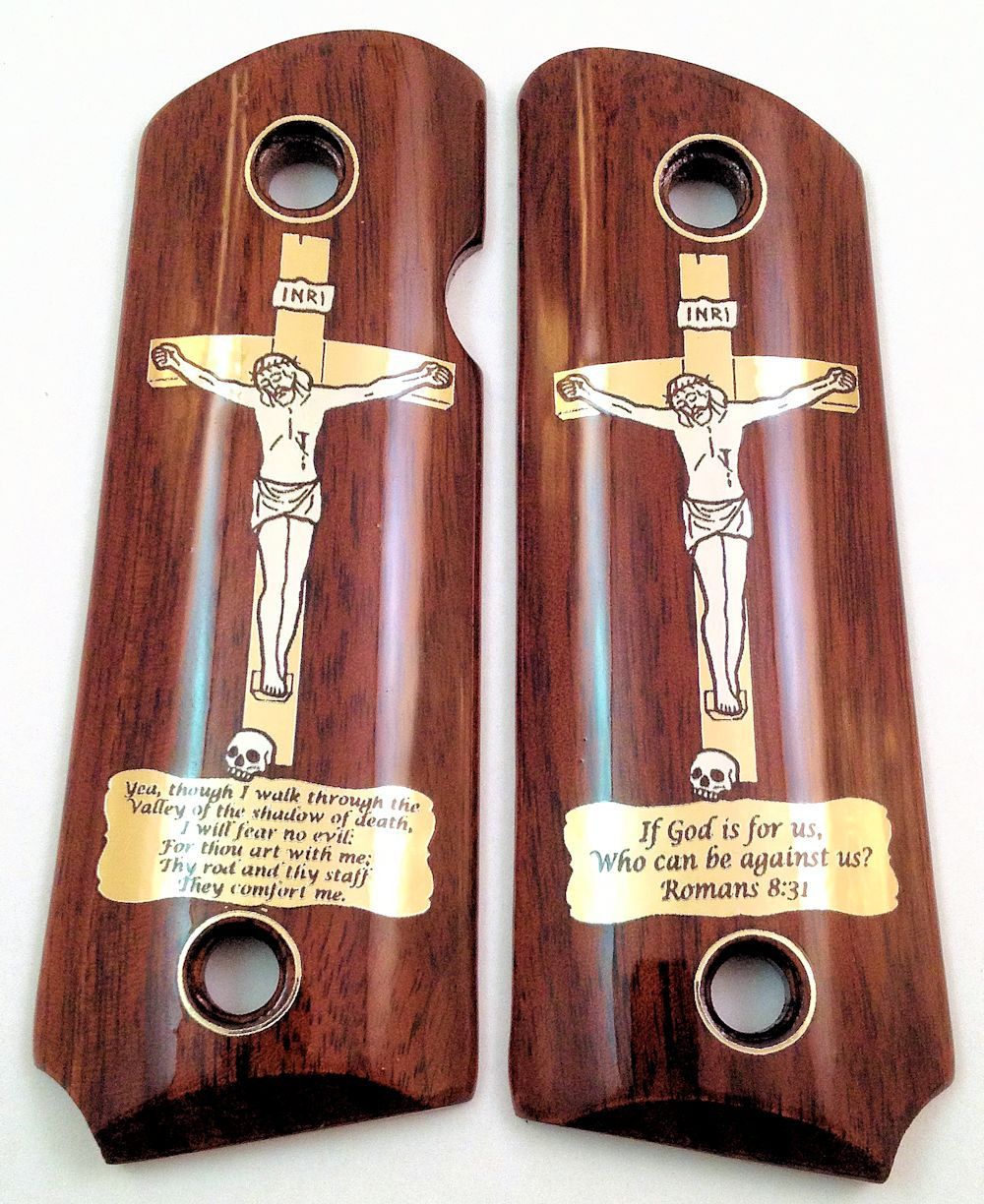 Compact 1911 custom engraved wood grips Christian Cross Jesus Crucifix