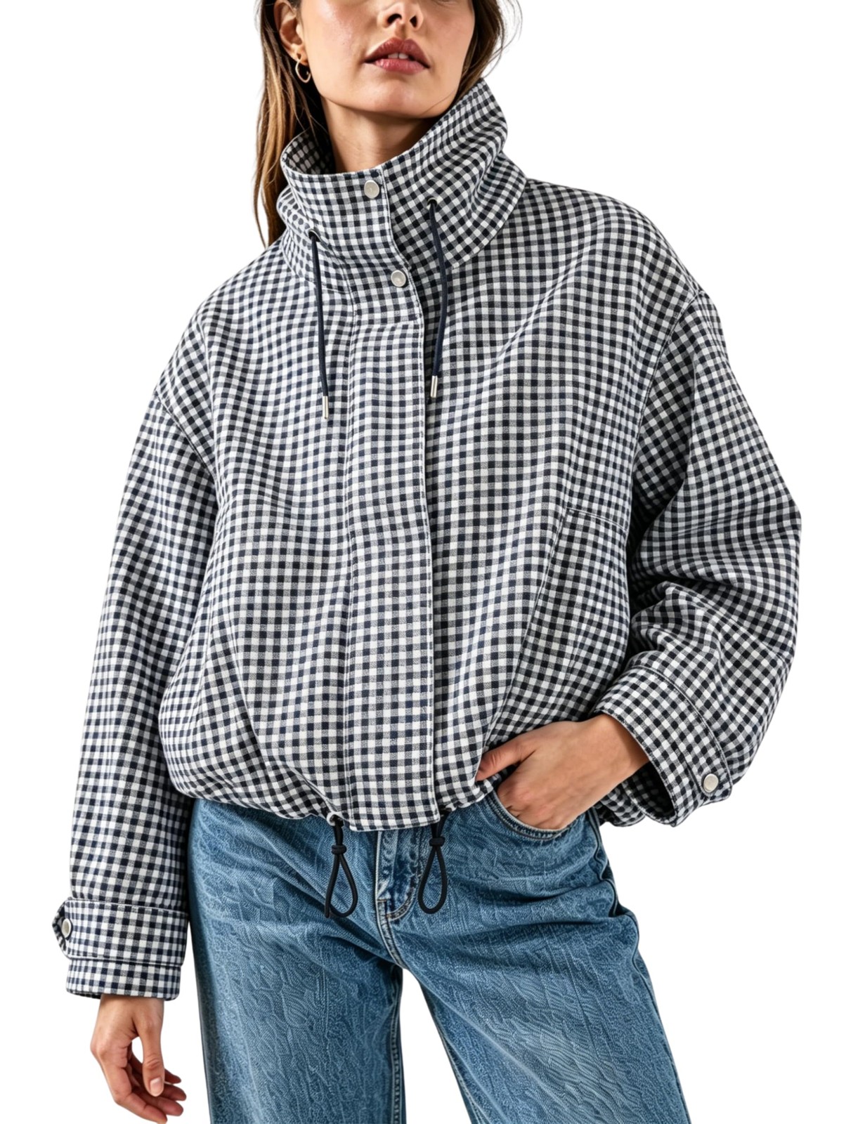 Womens Gingham Bomber Jacket Zip Up Cropped Stand Collar Pockets Womens Gingham Bomber Jacket Zip Up Cropped Stand Collar Pockets