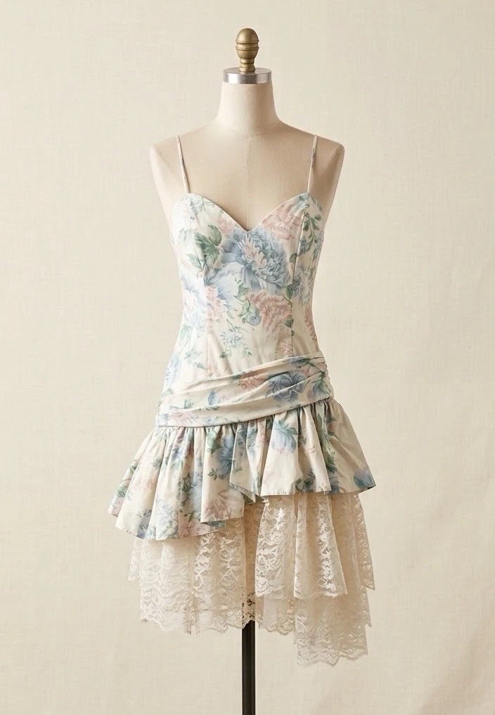 Vintage 1980s Loralie Pastel Floral & Tiered Lace Mini Dress Ruffles Lace Trim S