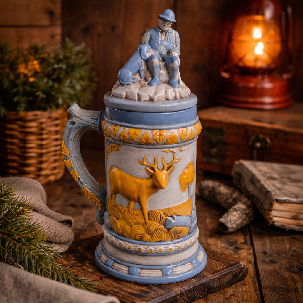VTG Hand Painted 3D Lidded Beer Stein Hunter Motif Deer Hunting Dog 13” Mug