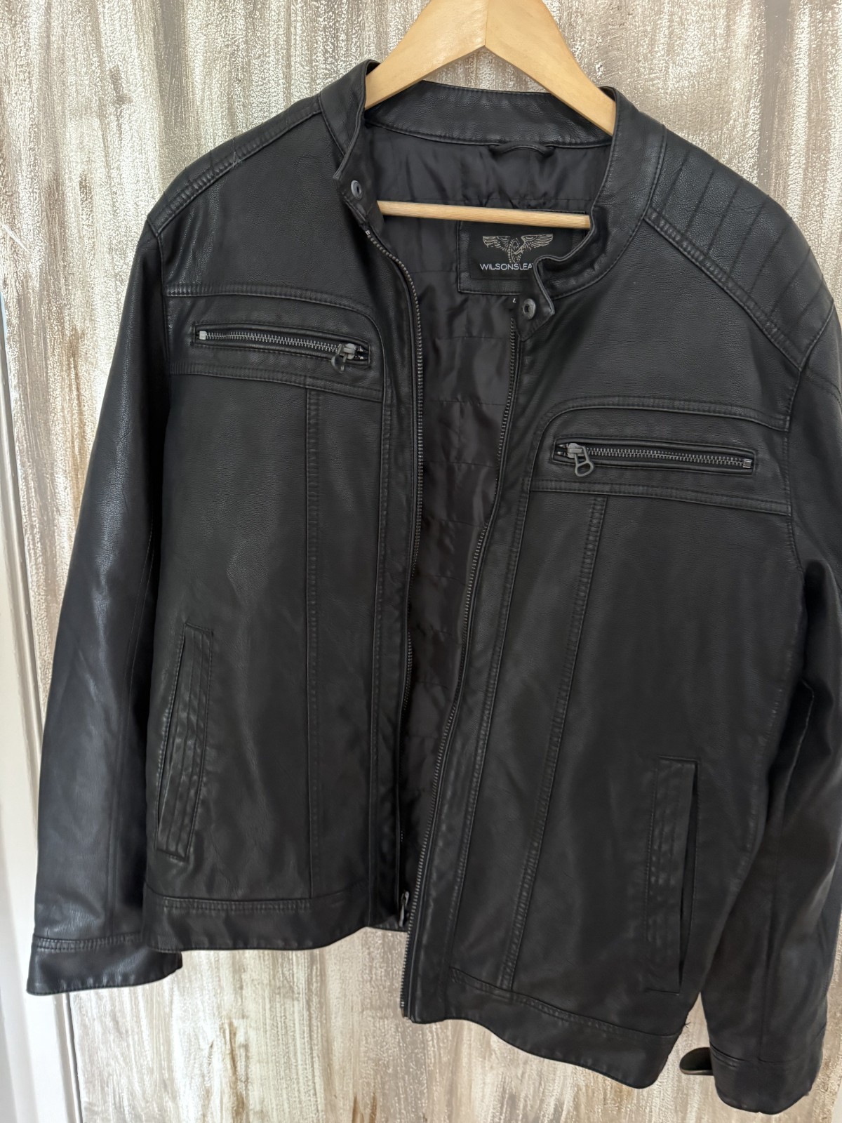 Wilsons Leather Men\'s Black Leather Moto Jacket Size L Cafe Racer Quilted