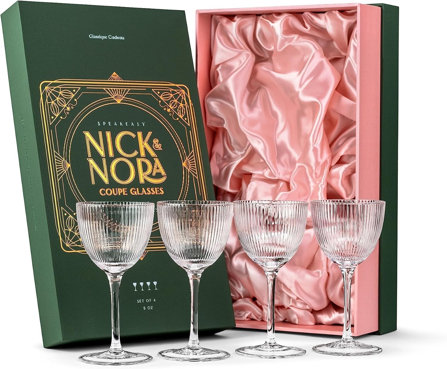 Vintage Art Deco Nick and Nora Coupe Glasses | Set of 4 | 5 oz Crystal Ribbed Co Vintage Art Deco Nick and Nora Coupe Glasses | Set of 4 | 5 oz Crystal Ribbed Co