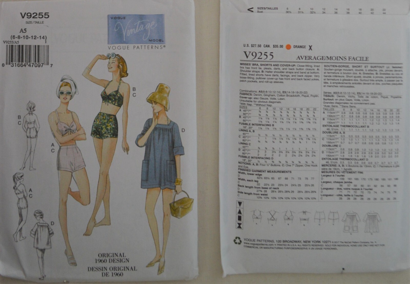 Vogue Pattern - V9255 - Misses' Swim Bra, Shorts & Coverup, Vintage 1960 Vogue Pattern - V9255 - Misses' Swim Bra, Shorts & Coverup, Vintage 1960