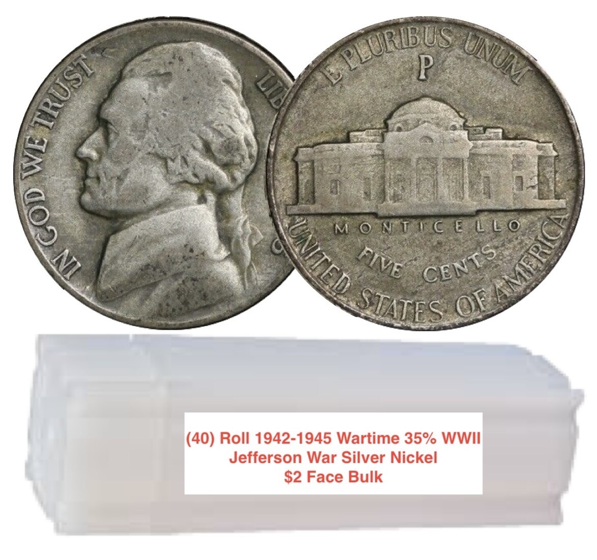 (40) Roll 1942-1945 Wartime 35% WWII Jefferson War Silver Nickel $2 Face Bulk