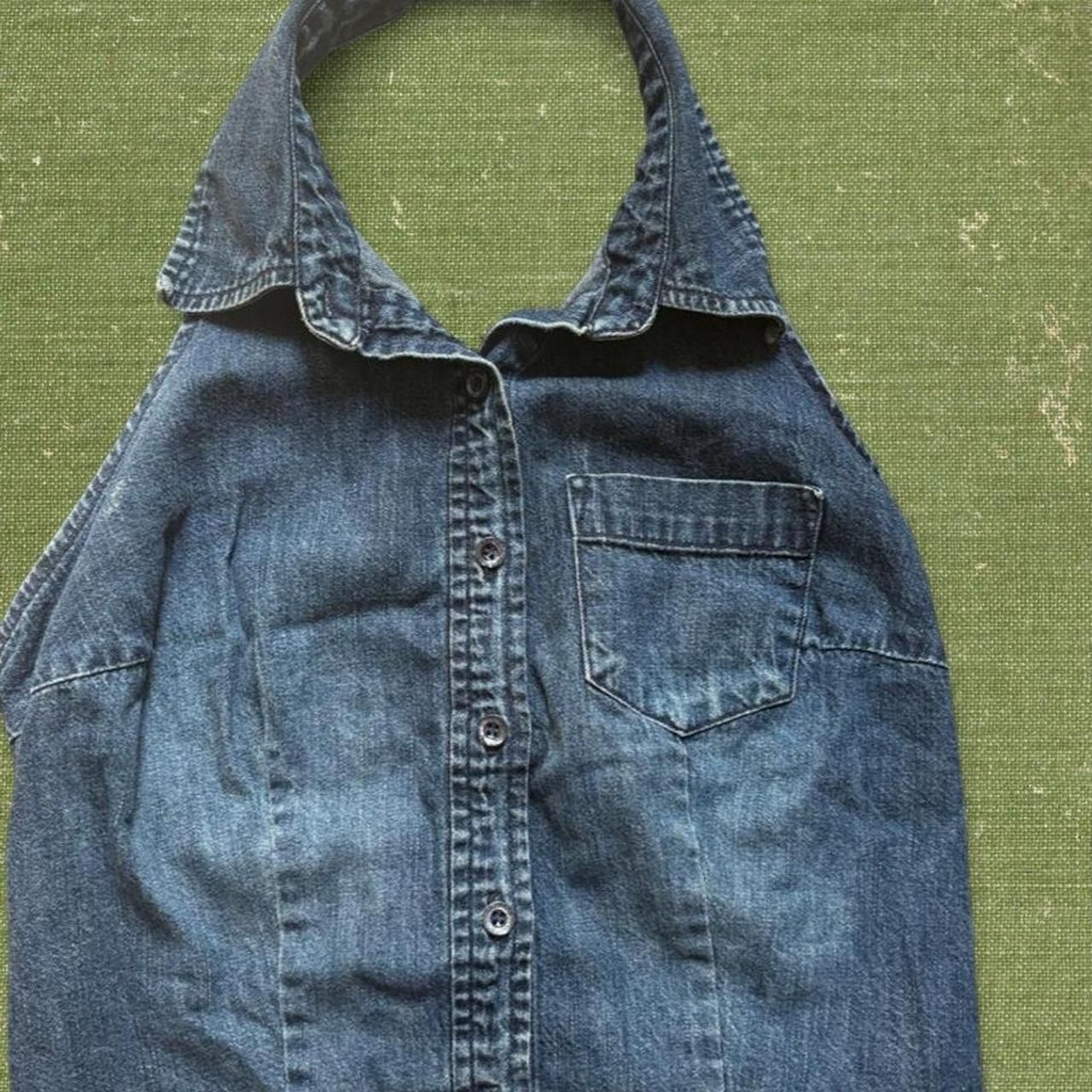 Express Jeans, Women\'s Dark Blue Wash Halter Top, Open Tie Back Express Jeans, Women\'s Dark Blue Wash Halter Top, Open Tie Back