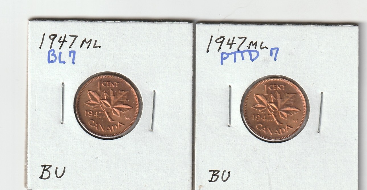 PAIR OF 1947 CANADA MAPLE LEAF CENTS PTTD7 AND BLUNT 7 CHERRY RED BU BOTH PAIR OF 1947 CANADA MAPLE LEAF CENTS PTTD7 AND BLUNT 7 CHERRY RED BU BOTH