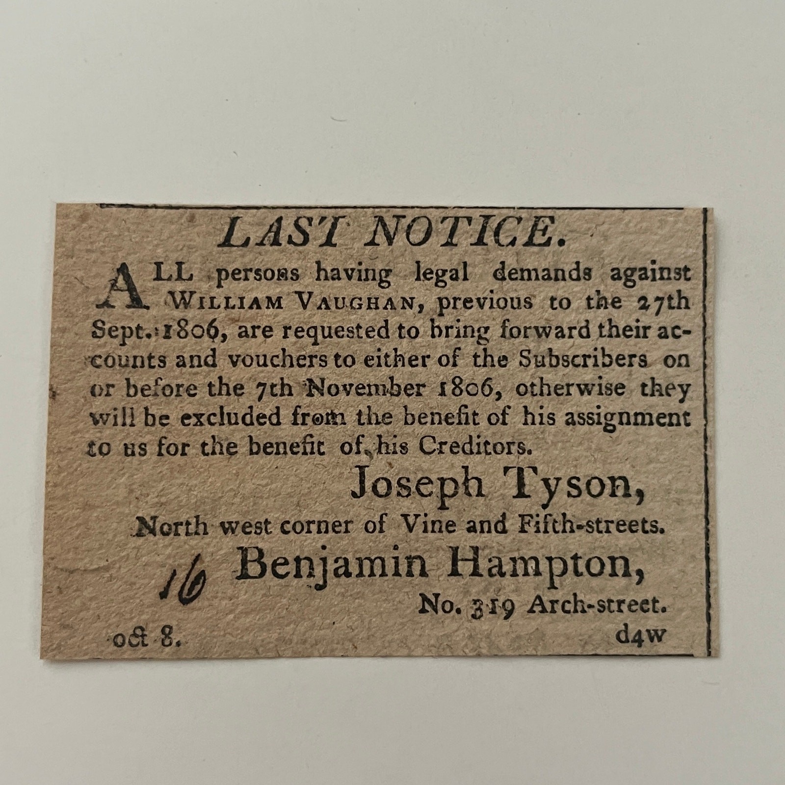 Legal Demands W Vaughan Benjamin Hampton 1806 Philadelphia Clipping SAJ6-S3 Legal Demands W Vaughan Benjamin Hampton 1806 Philadelphia Clipping SAJ6-S3