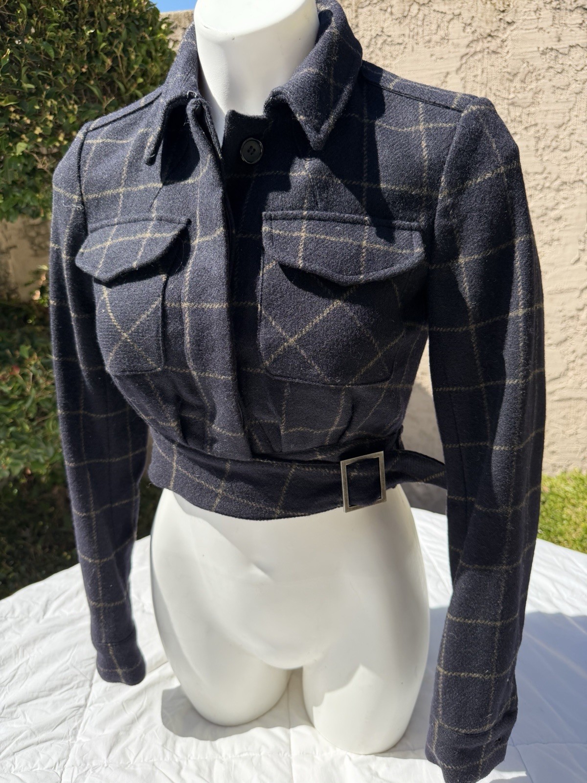 Opening Ceremony Cropped Tweed Wool Dorrington Tartan Blue Plaid Half Jacket Xs