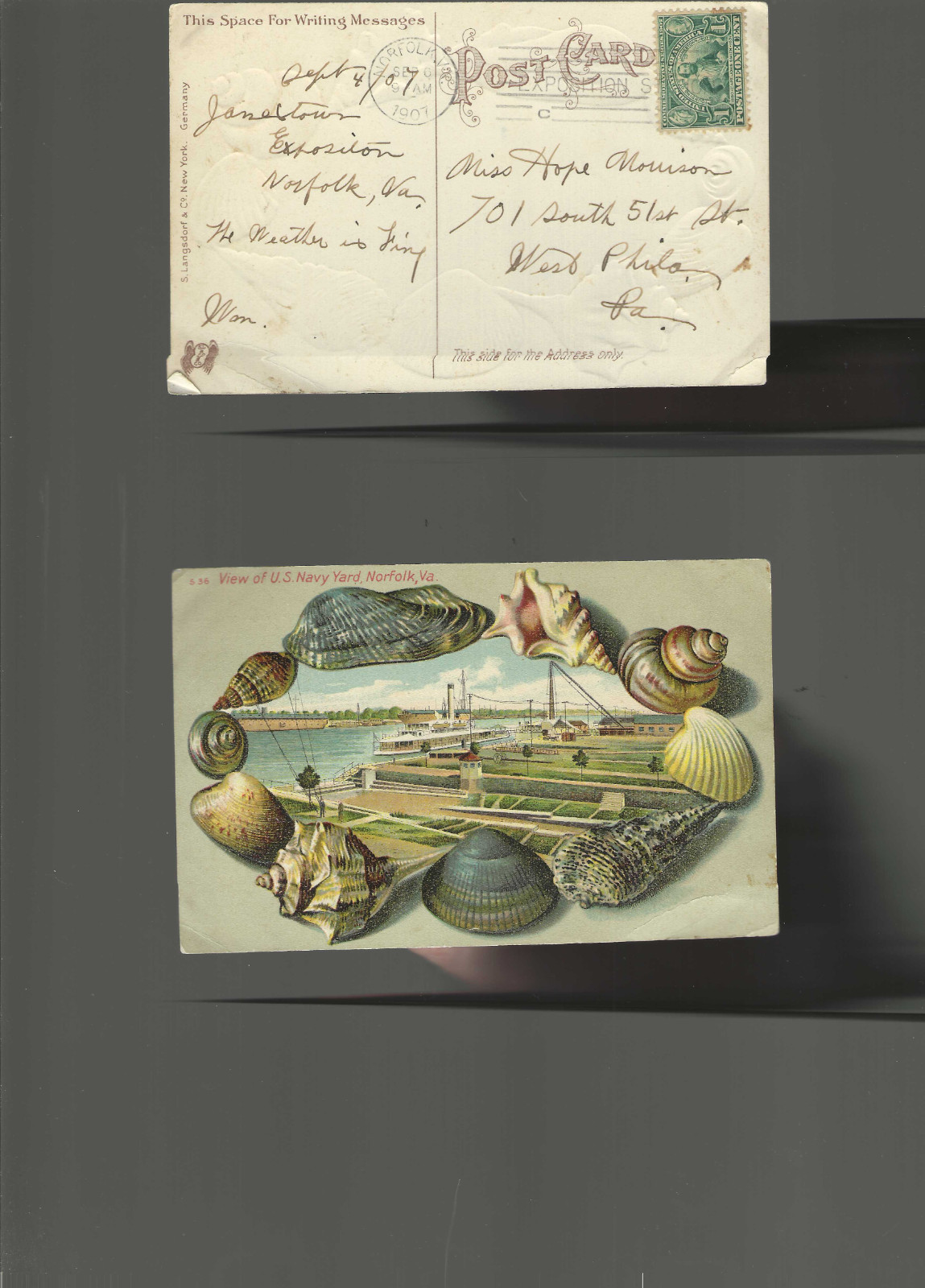 J- 1907 JAMESTOWN EXPO SHOW CANCEL ON PC WITH 1c (328) CATS $25 J- 1907 JAMESTOWN EXPO SHOW CANCEL ON PC WITH 1c (328) CATS $25