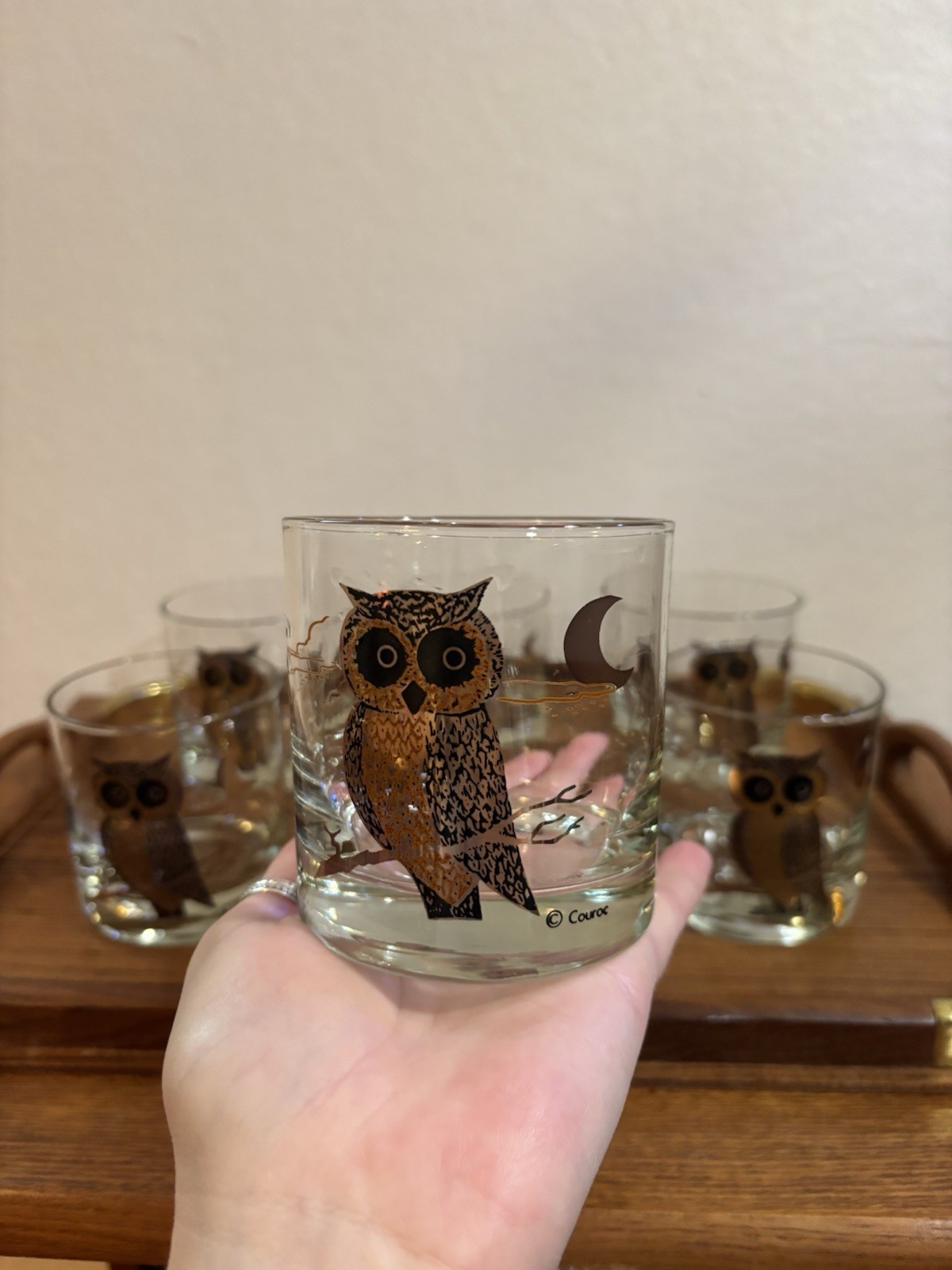 Vintage MCM Couroc Owl rocks glasses, set of 6. Black and gold Vintage MCM Couroc Owl rocks glasses, set of 6. Black and gold