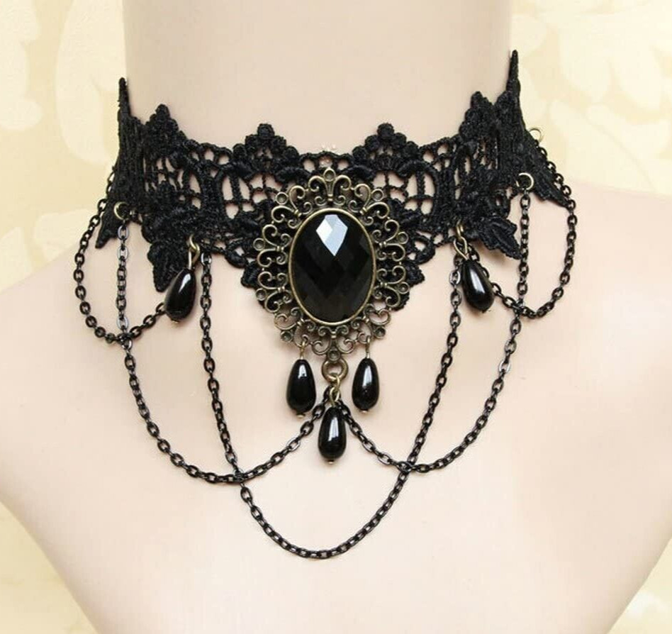 Gothic Black Lace Necklace Collar Choker Retro Vintage Chain, Vampire Halloween Gothic Black Lace Necklace Collar Choker Retro Vintage Chain, Vampire Halloween