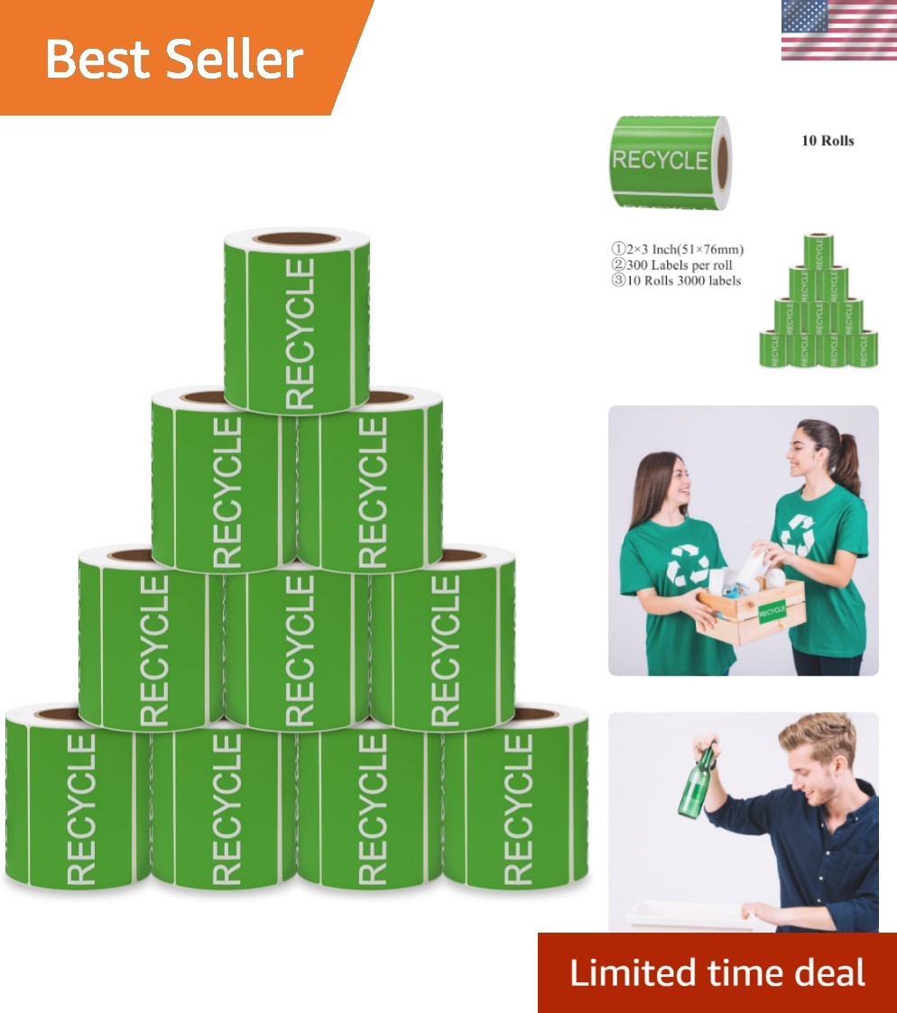 2×3 Inch Recycle Stickers Large Green Background/White Text Disposal and Tras... 2×3 Inch Recycle Stickers Large Green Background/White Text Disposal and Tras...