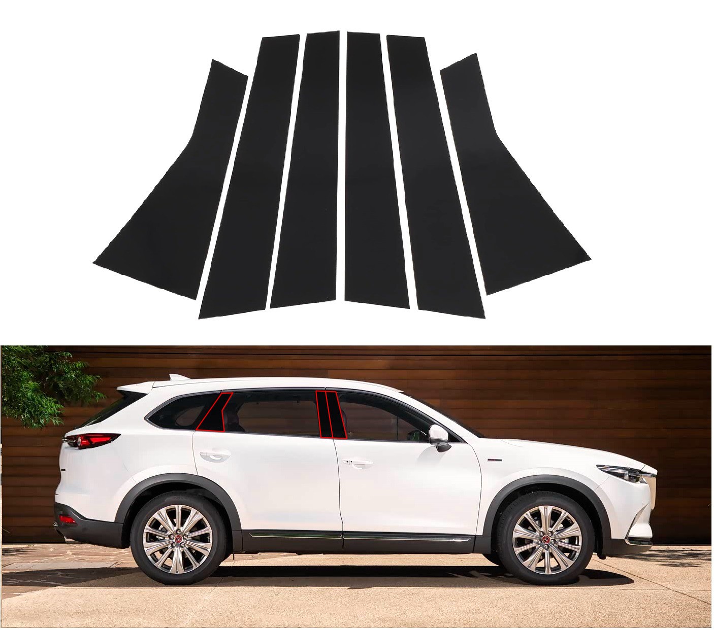 6PC For Mazda CX-9 2016-2023 Glossy Black PC Window Center BC Pillar Cover Trim