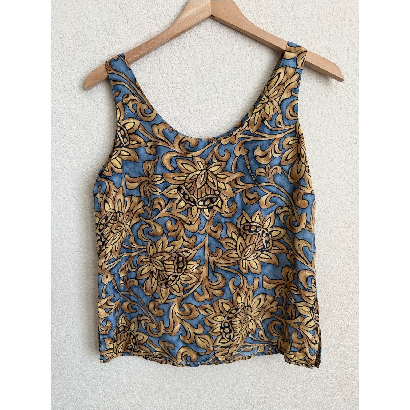 Express Vintage Compagnie Internationale Pure Silk Floral Tank Top S Blue Tan