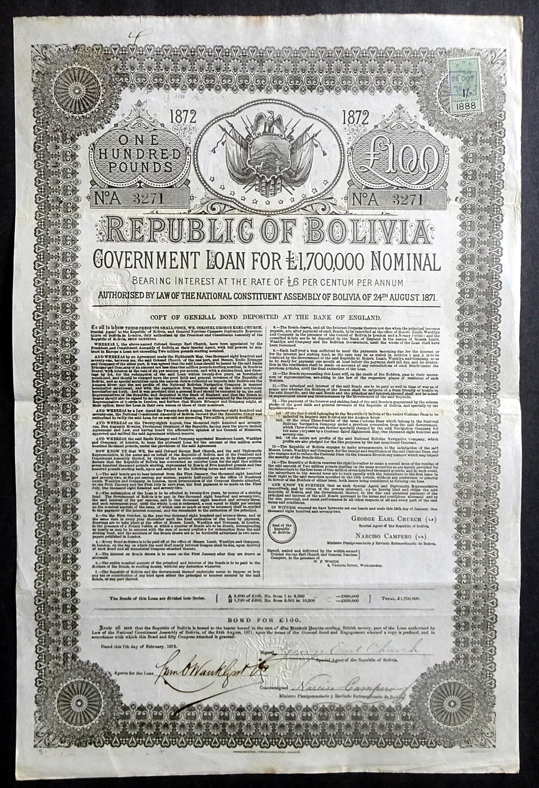 1872 Republic of Bolivia: £ 100 Government Loan 1872 Republic of Bolivia: £ 100 Government Loan