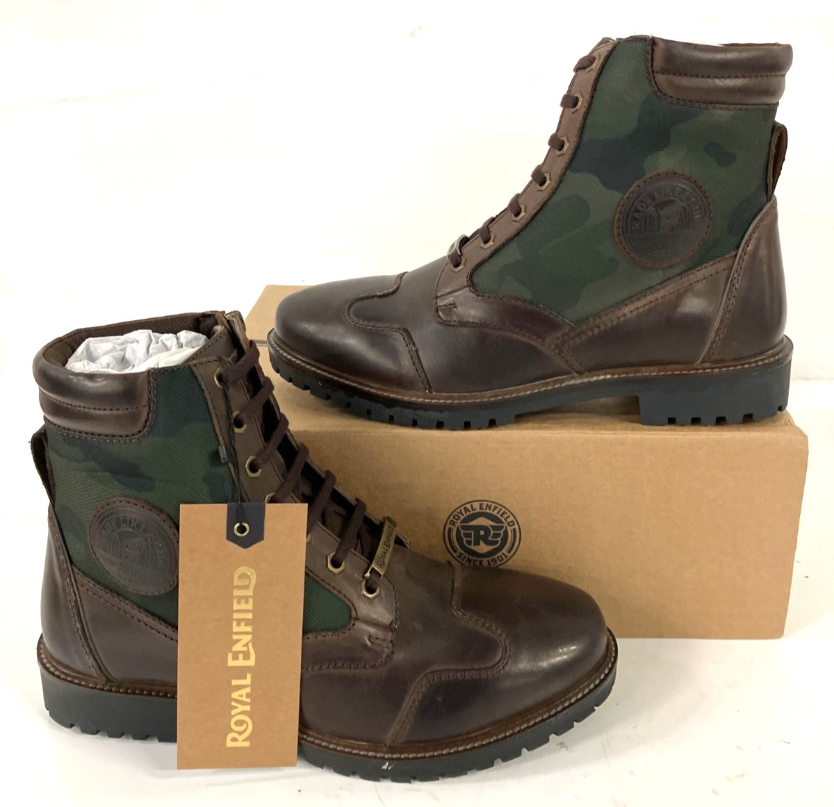 Royal Enfield Men\'s Stellar Brown Camo Leather Riding Boots - Size 8.5 - NEW