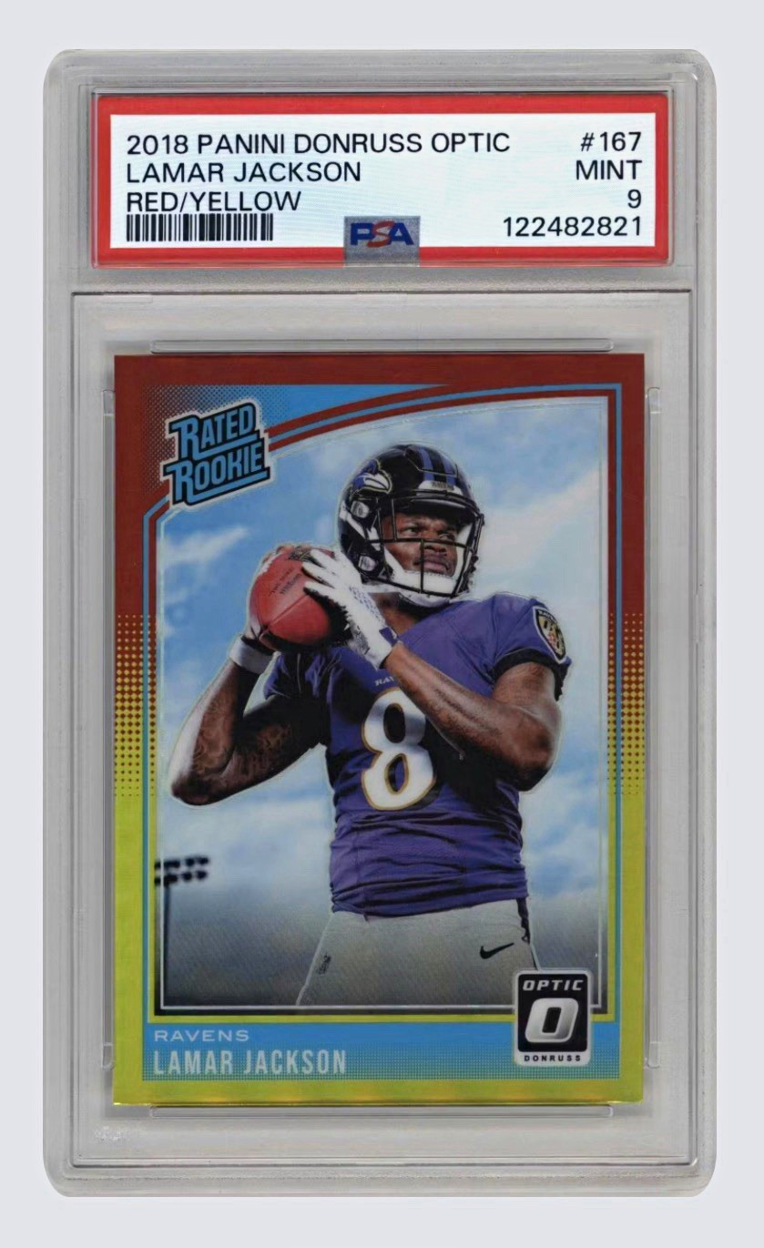2018 Panini Donruss Optic Lamar Jackson Rated Rookie #167 Red Yellow Prizm PSA 9 2018 Panini Donruss Optic Lamar Jackson Rated Rookie #167 Red Yellow Prizm PSA 9