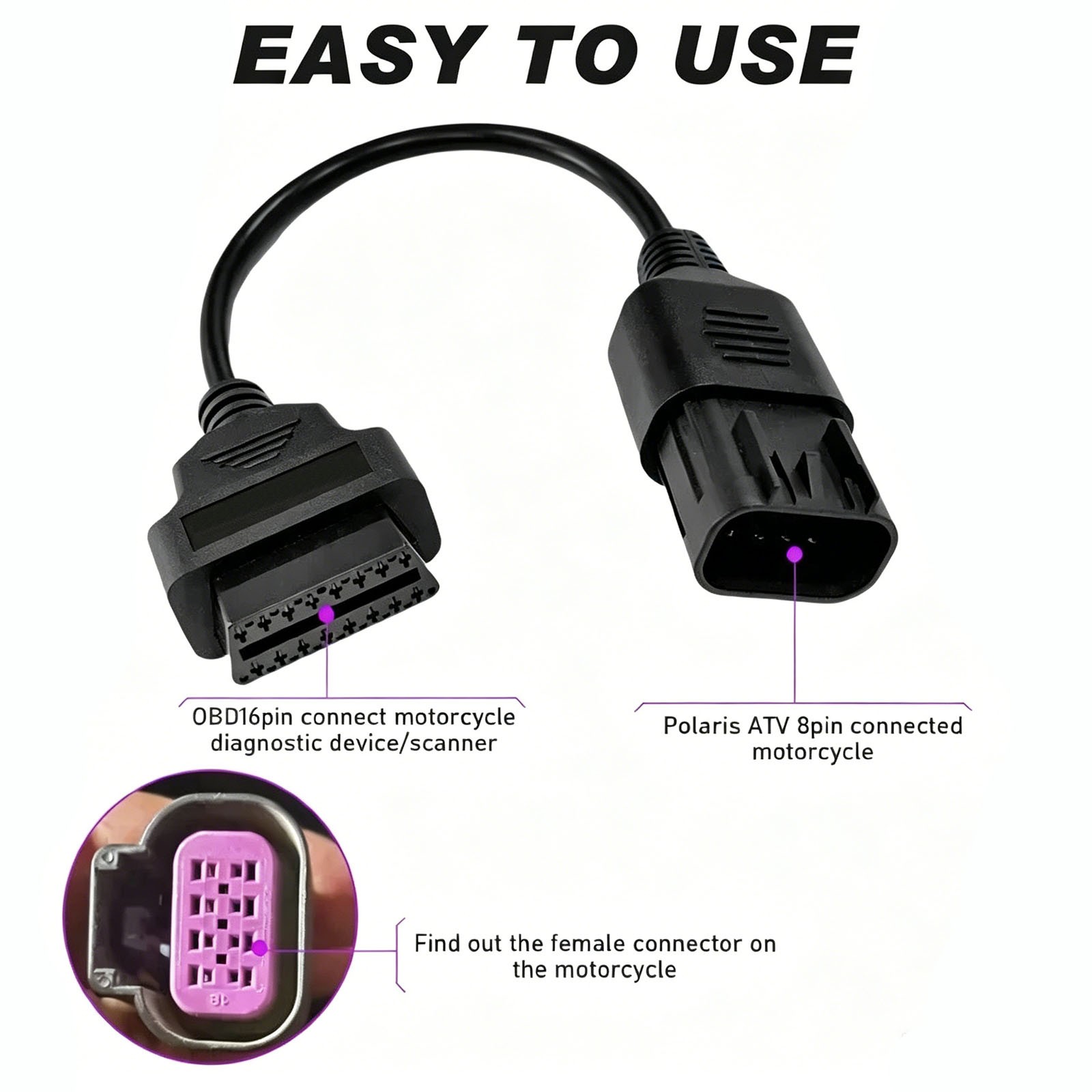 Motorbike OBD1 Adapter Cable 8 Pin for Polaris ATV RZR to OBD2 16 Pin Motorcycle