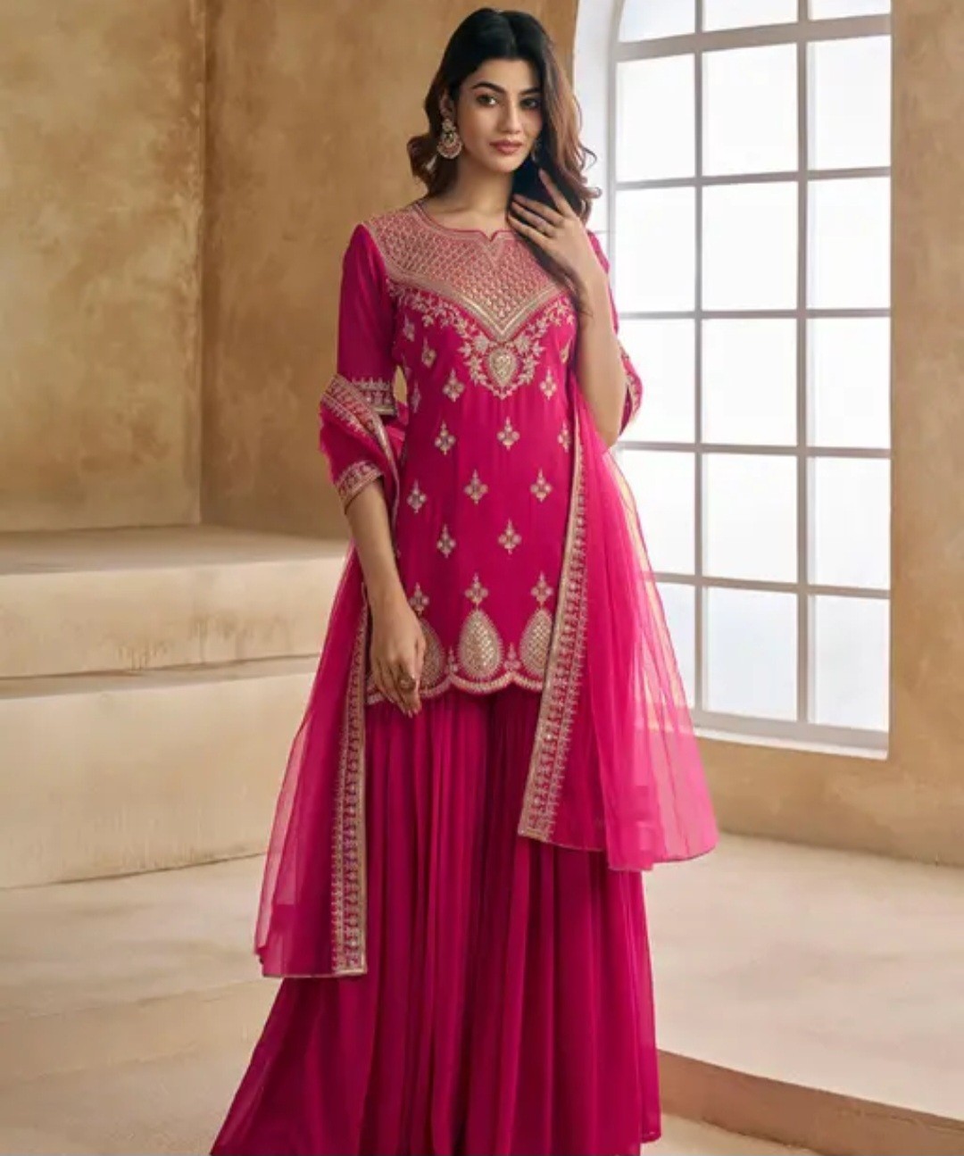 Women Latest Designer Heavy Embroidered Kurta Sharara Dupatta Set.size S To 2xl.